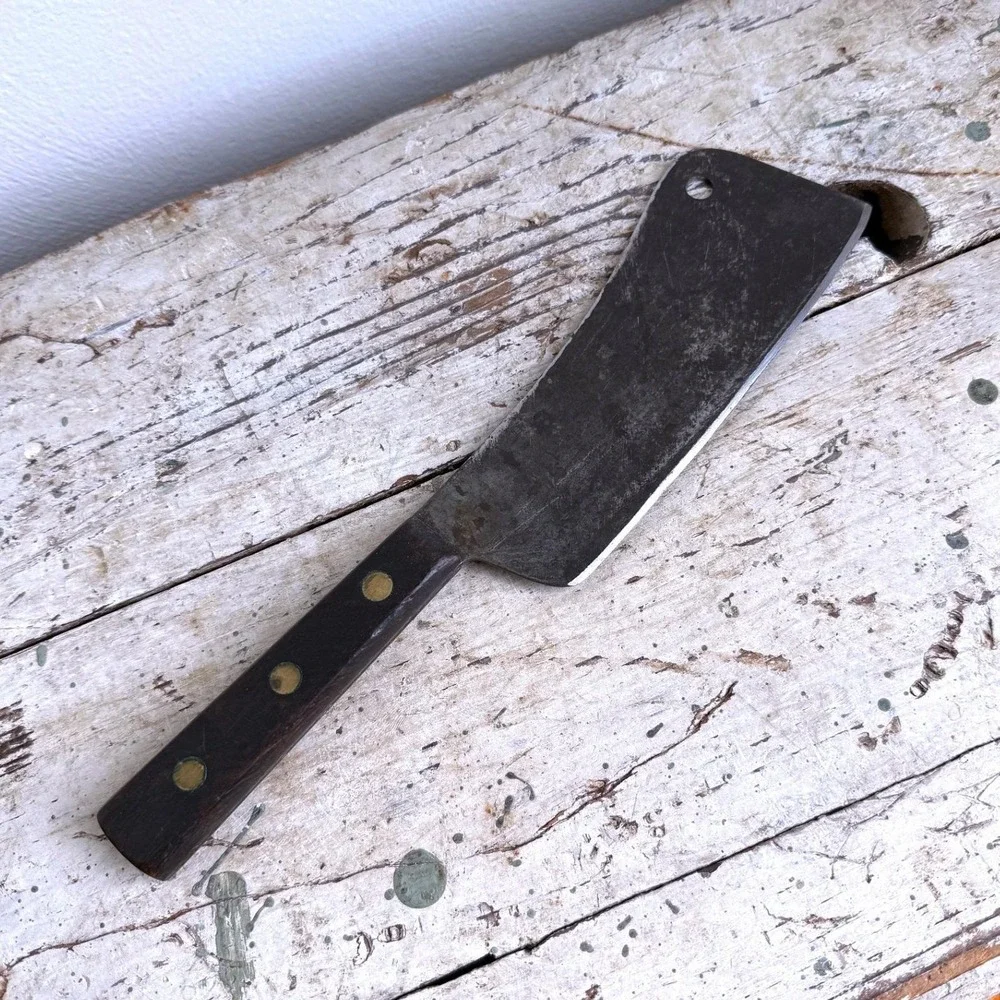 Vintage Carbon Steel Meat Cleaver Butcher Knife Wood Handle Brass Rivets 12 Inch